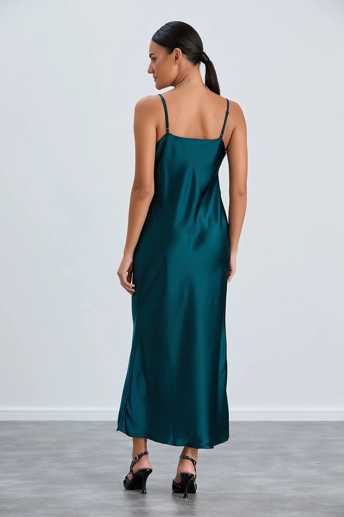 Green Satin Cami Dress with Delicate Lace