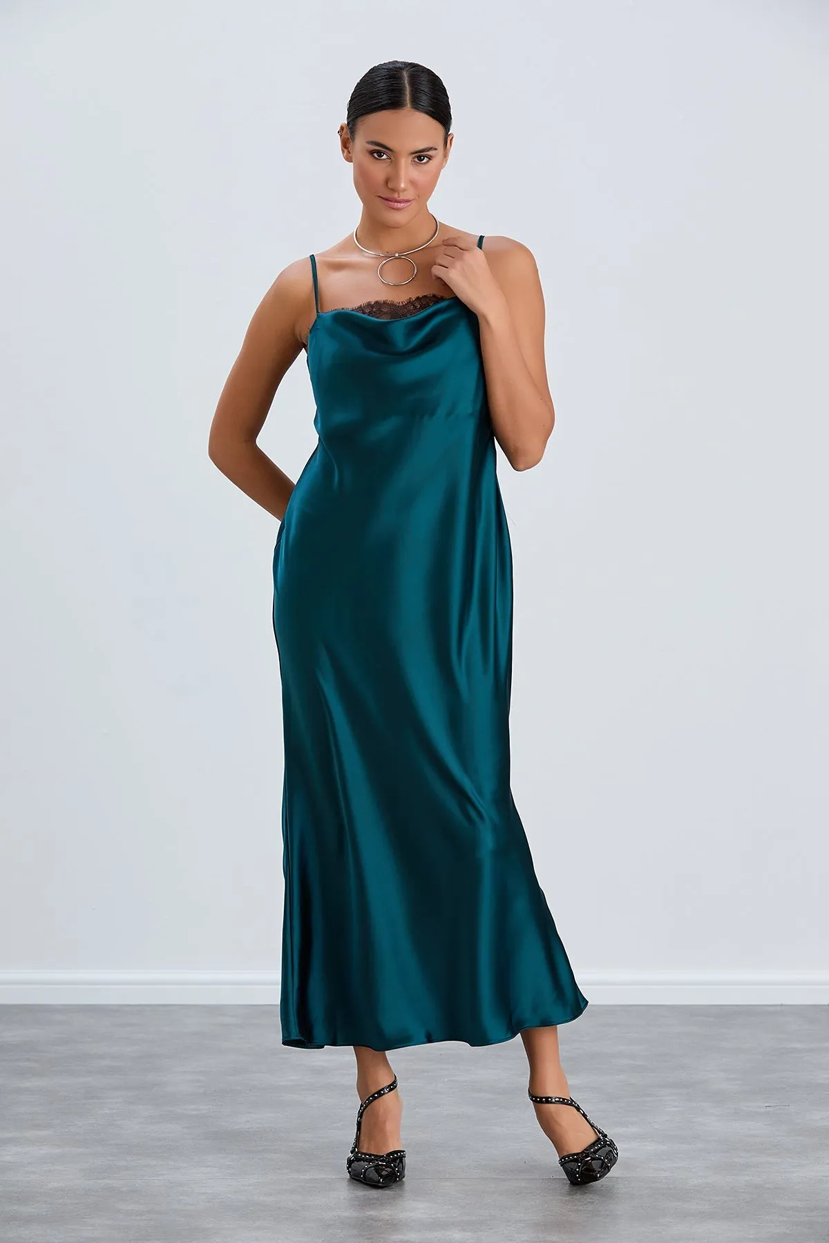 Green Satin Cami Dress with Delicate Lace