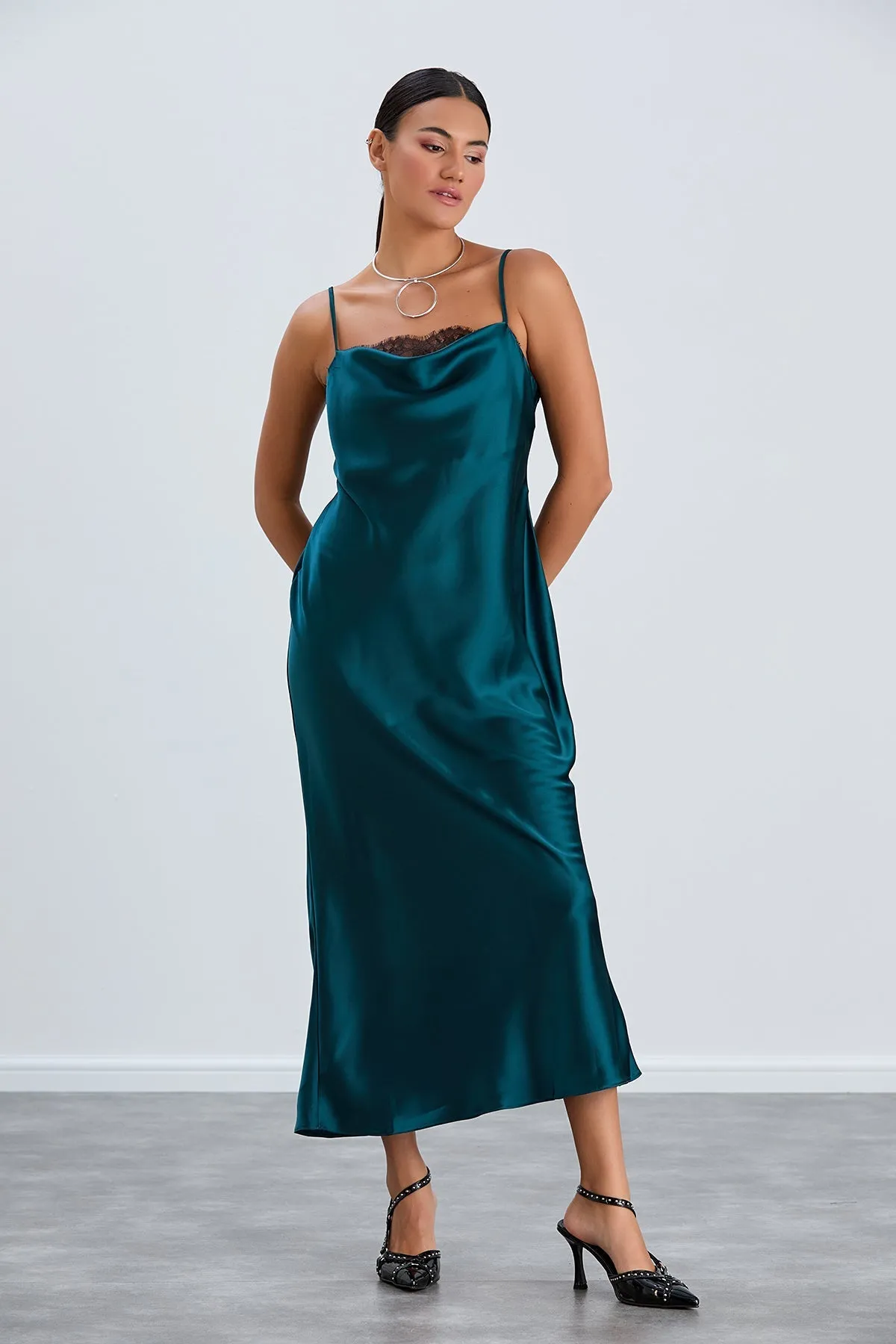 Green Satin Cami Dress with Delicate Lace