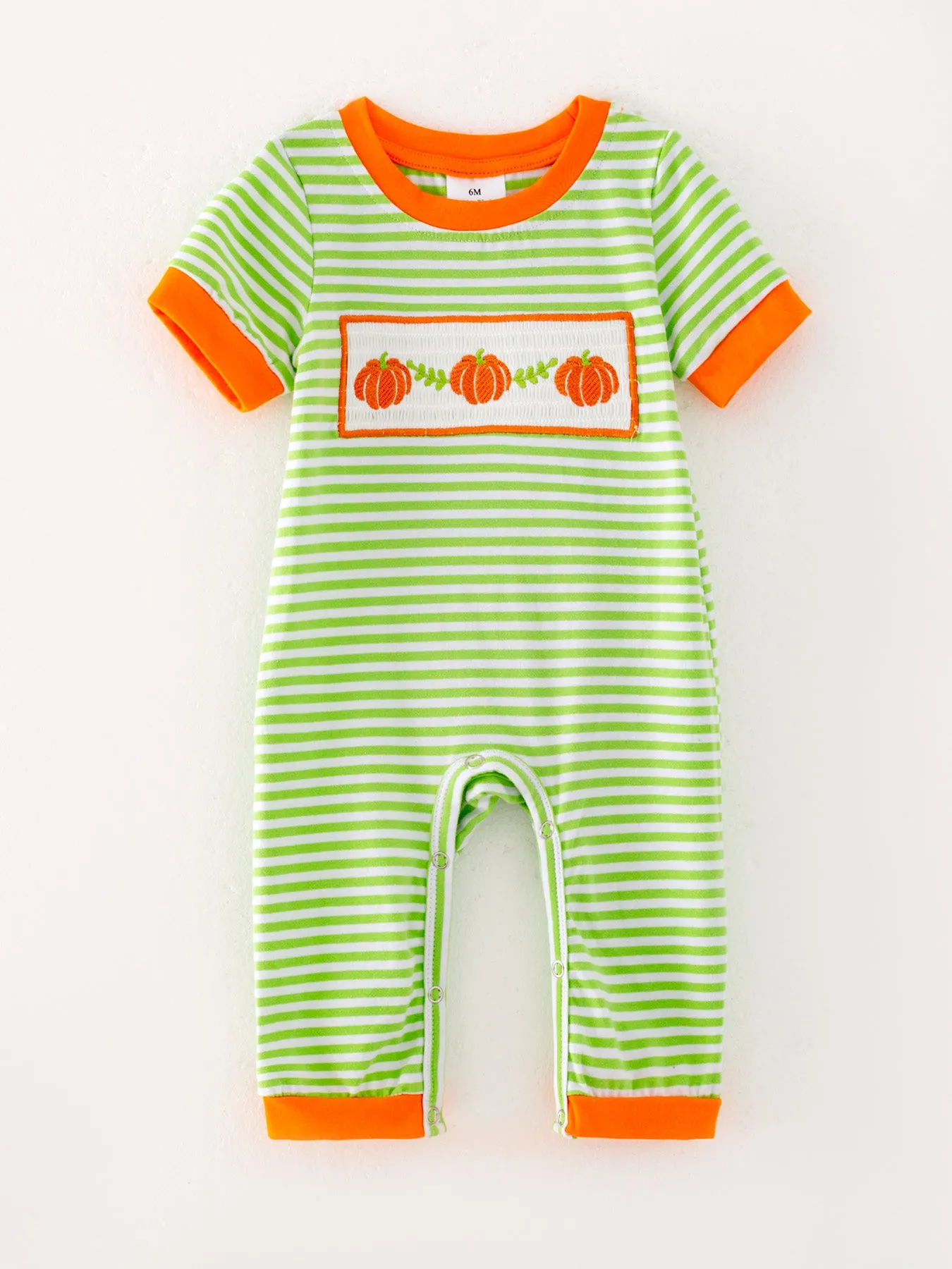 Halloween Pumpkin Smocking Embroidered Striped Romper