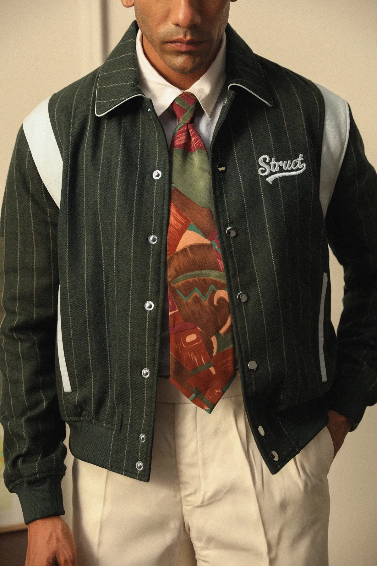 HIGHLANDERS PINSTRIPE SUITING BOMBER JACKET - II GREEN