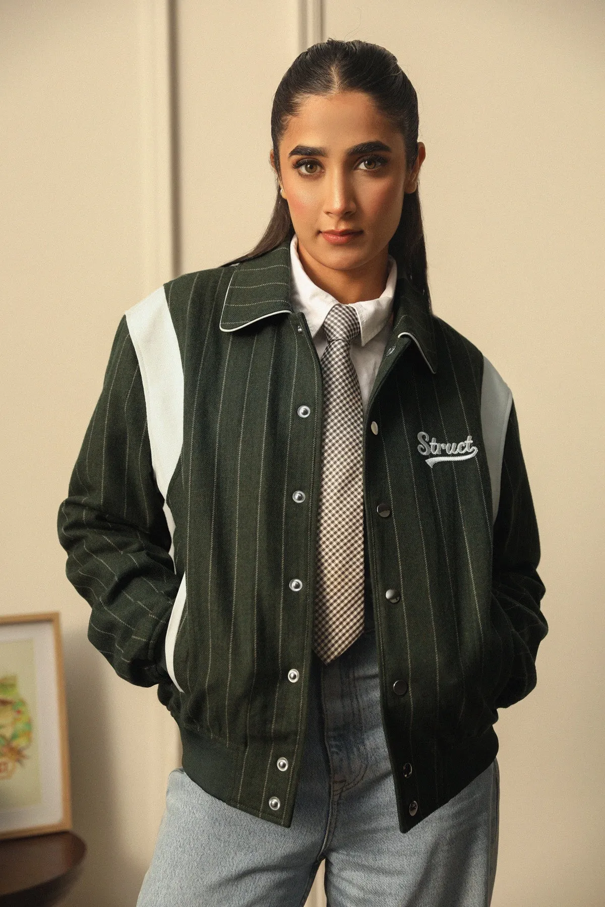 HIGHLANDERS PINSTRIPE SUITING BOMBER JACKET - II GREEN