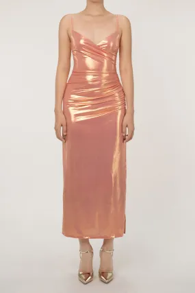 Iridescent Metallic V Neck Spaghetti Strap Split Ruched Cocktail Midi Dress