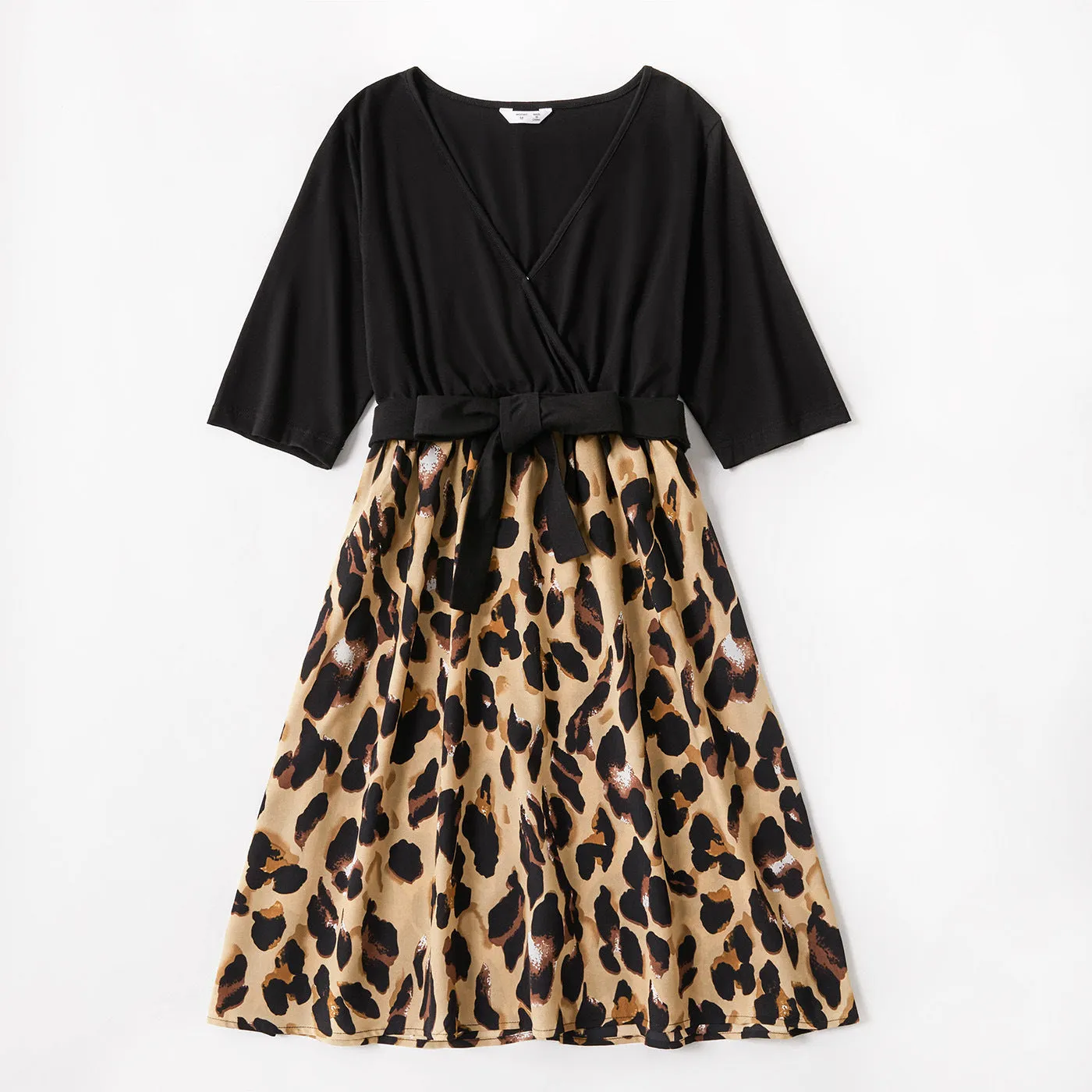 Leopard print Splicing Short Sleeve Dress for Mom and Me