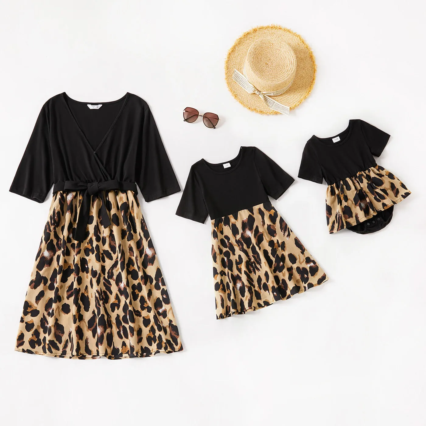 Leopard print Splicing Short Sleeve Dress for Mom and Me