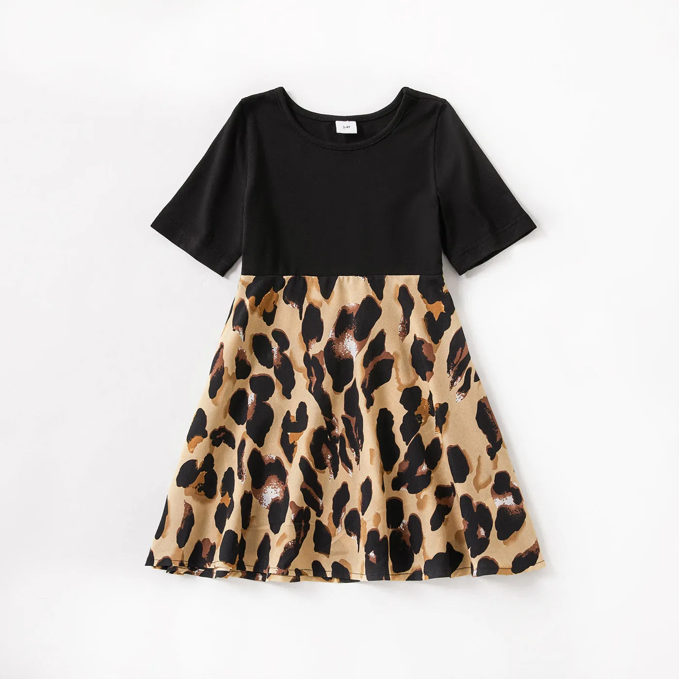 Leopard print Splicing Short Sleeve Dress for Mom and Me