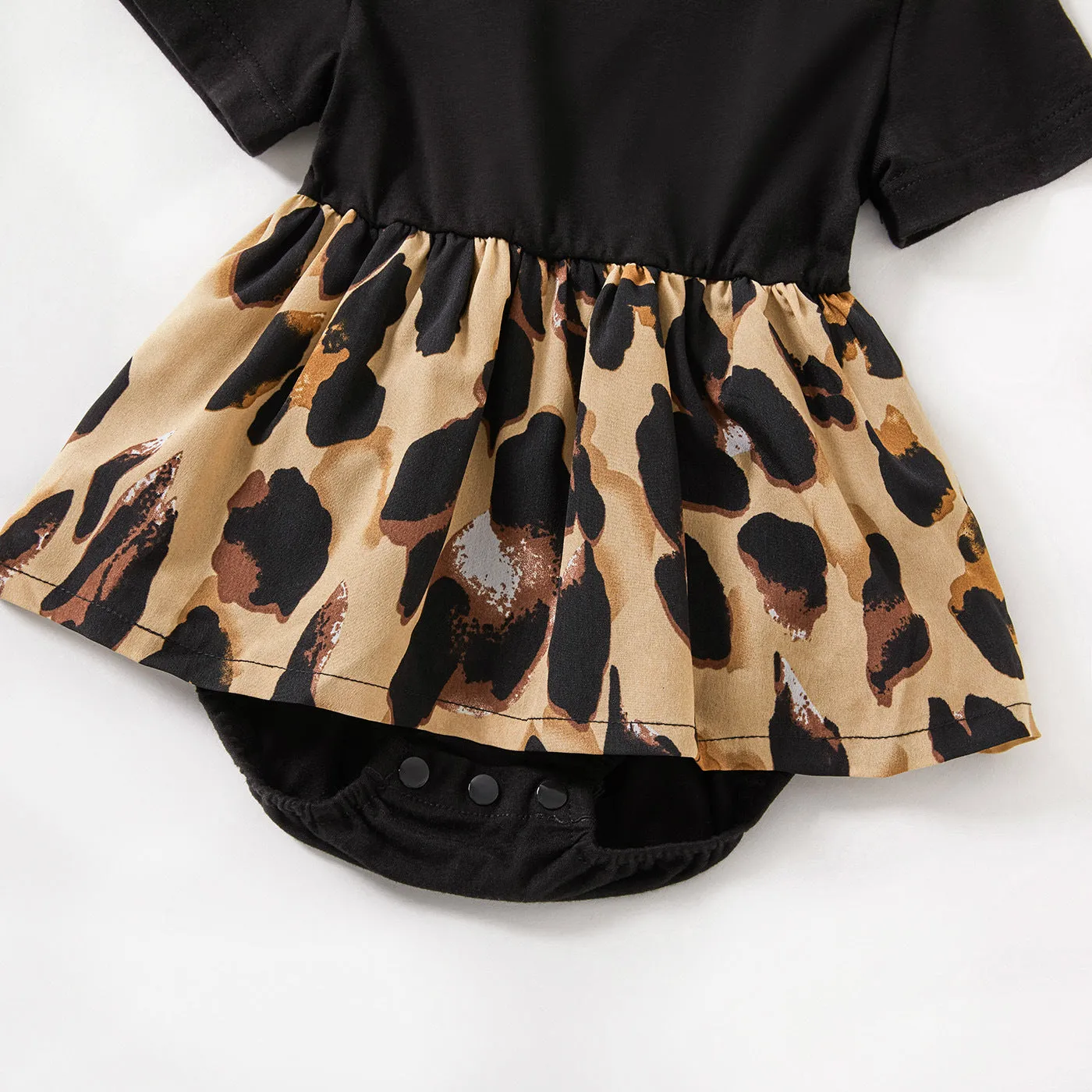 Leopard print Splicing Short Sleeve Dress for Mom and Me