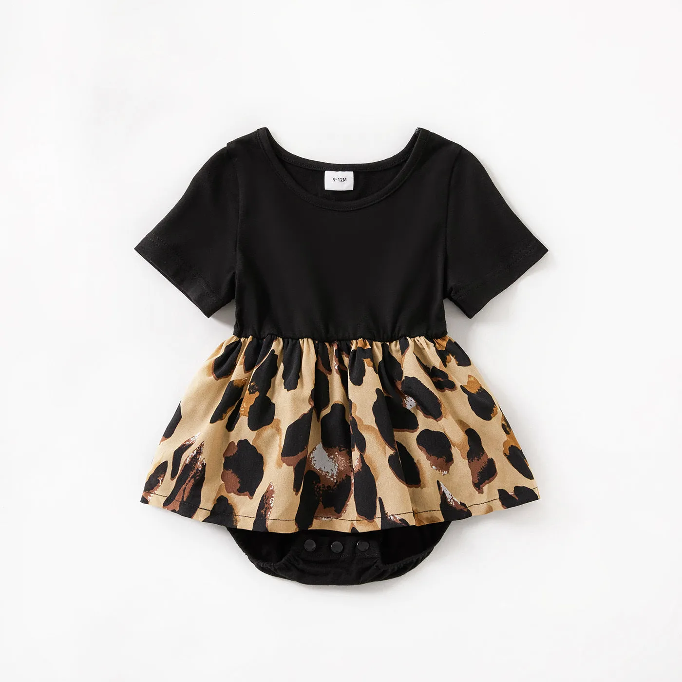 Leopard print Splicing Short Sleeve Dress for Mom and Me