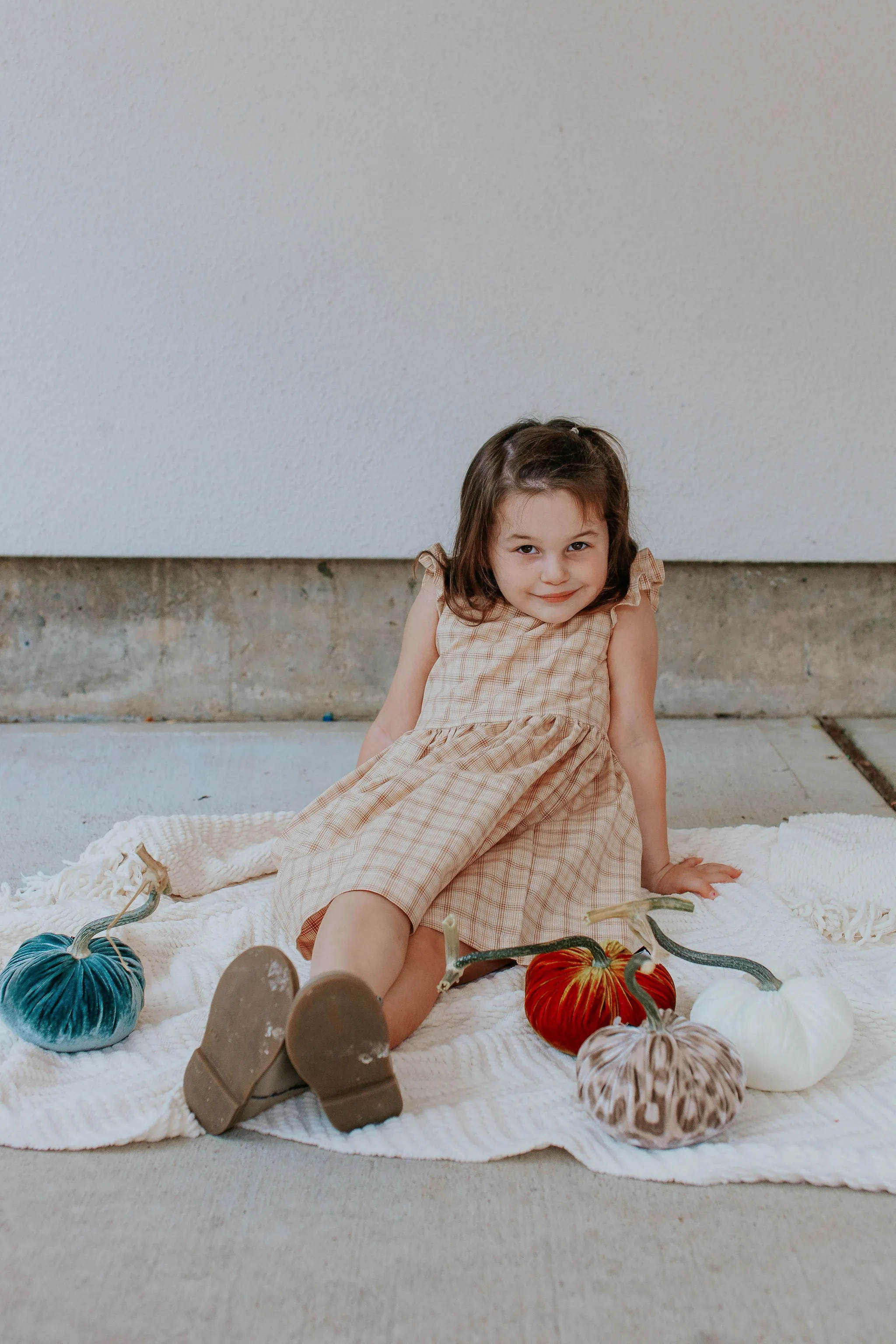 Little Girl's Beige Plaid Ruffle Sleeve Cotton Dress