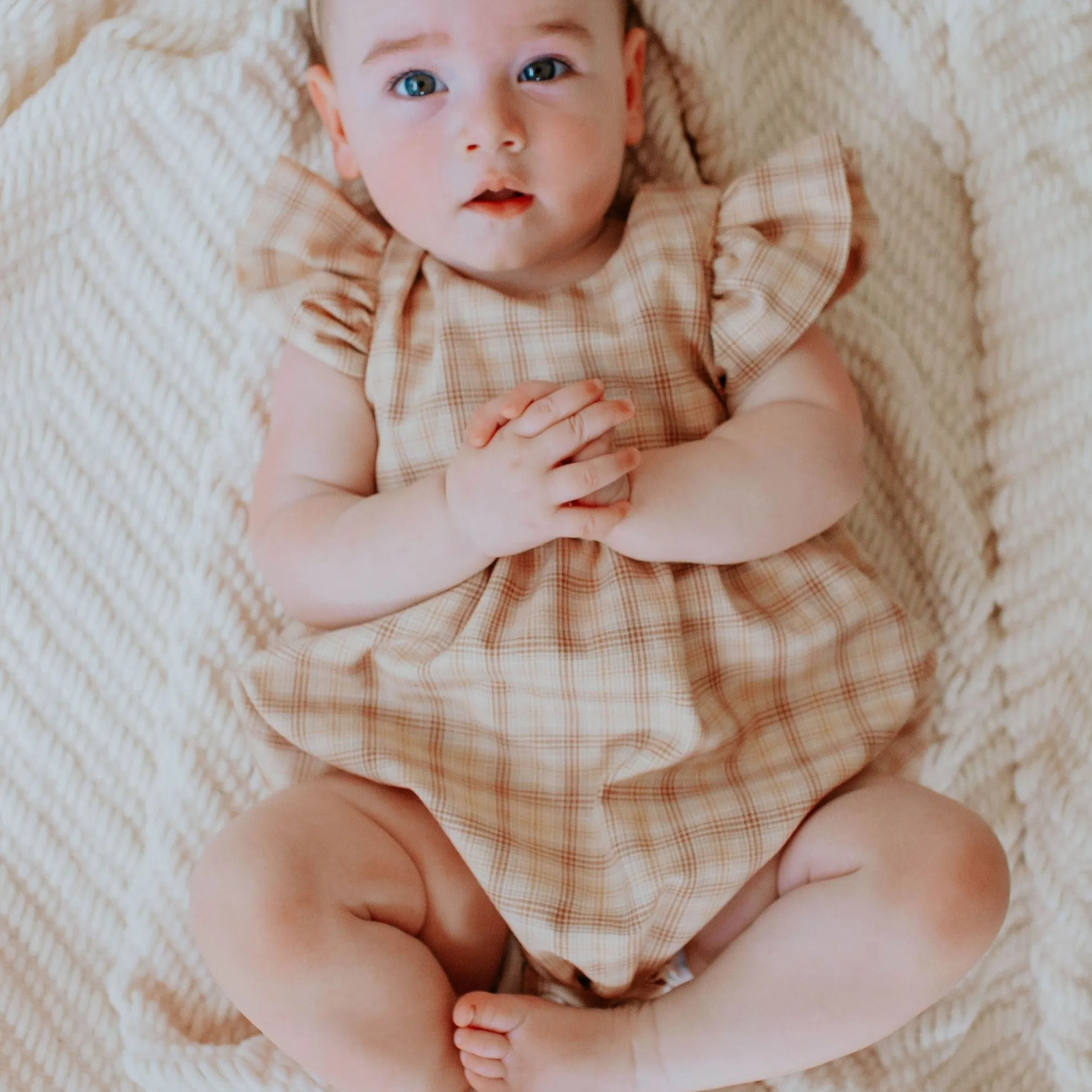 Little Girl's Beige Plaid Ruffle Sleeve Cotton Dress