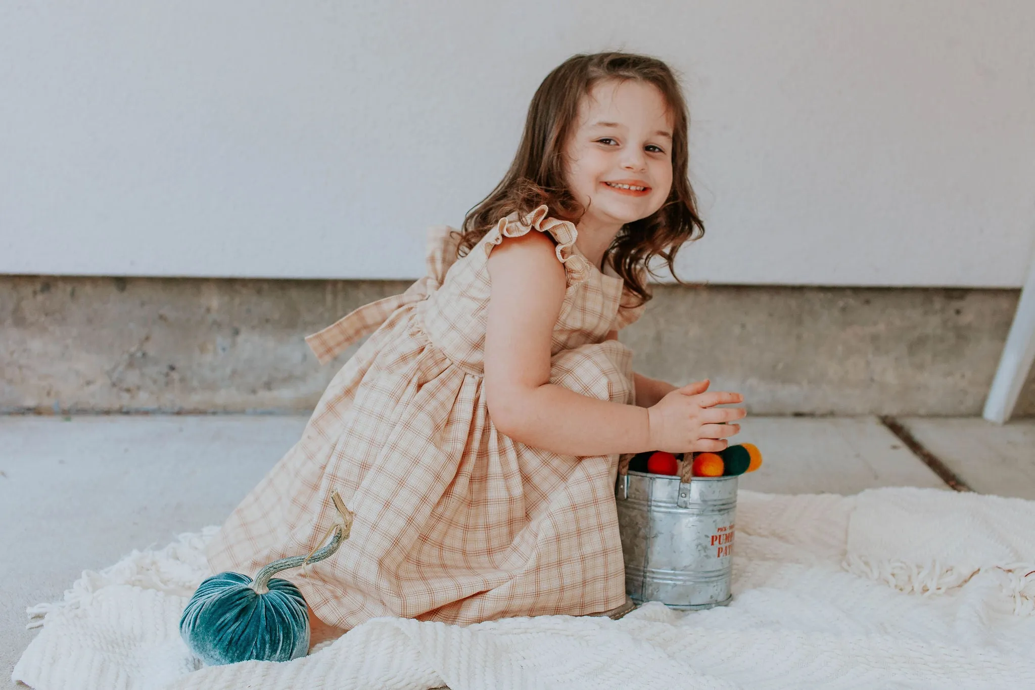 Little Girl's Beige Plaid Ruffle Sleeve Cotton Dress