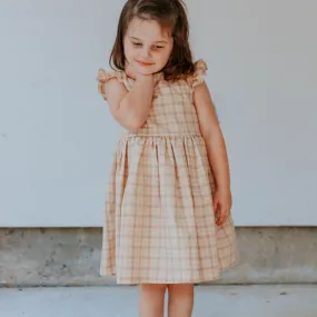 Little Girl's Beige Plaid Ruffle Sleeve Cotton Dress