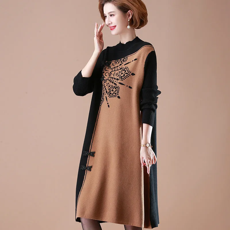 Long Sleeve Knee Length A-line Floral Knit Dress with Frog Buttons