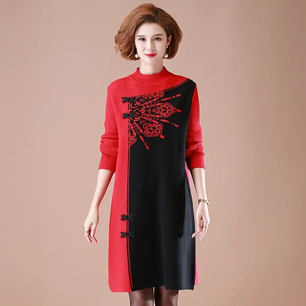 Long Sleeve Knee Length A-line Floral Knit Dress with Frog Buttons