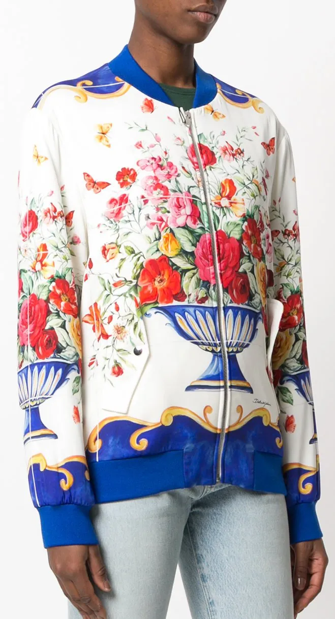 Majolica Floral Bouquet Print Bomber Jacket