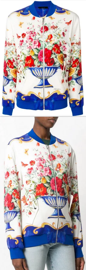 Majolica Floral Bouquet Print Bomber Jacket