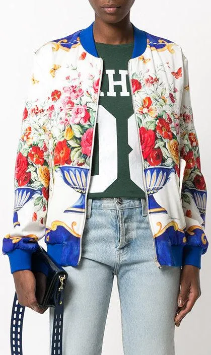 Majolica Floral Bouquet Print Bomber Jacket