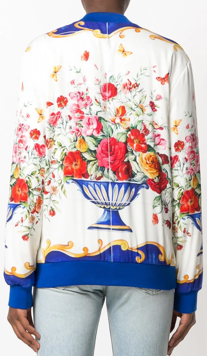 Majolica Floral Bouquet Print Bomber Jacket