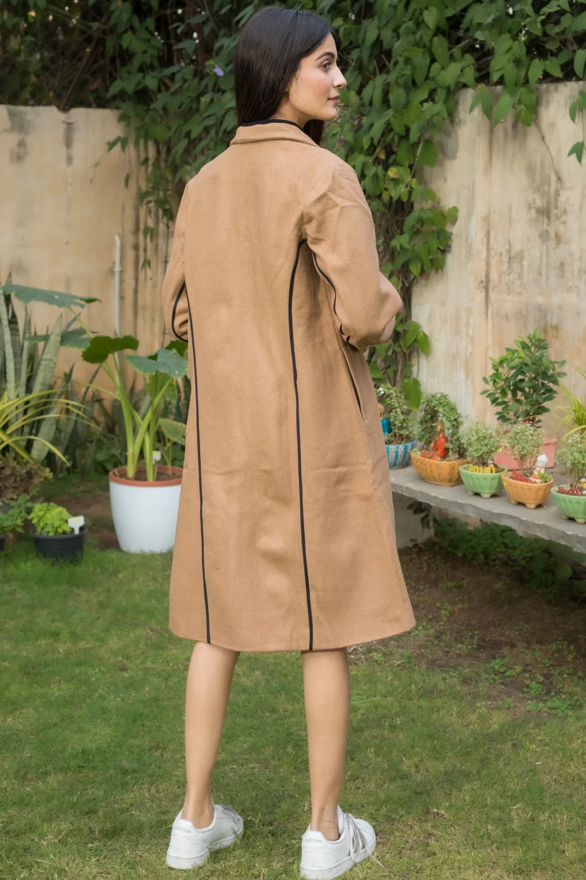 Marilyn Camel Long Wool Coat with Contrast Piping for winter