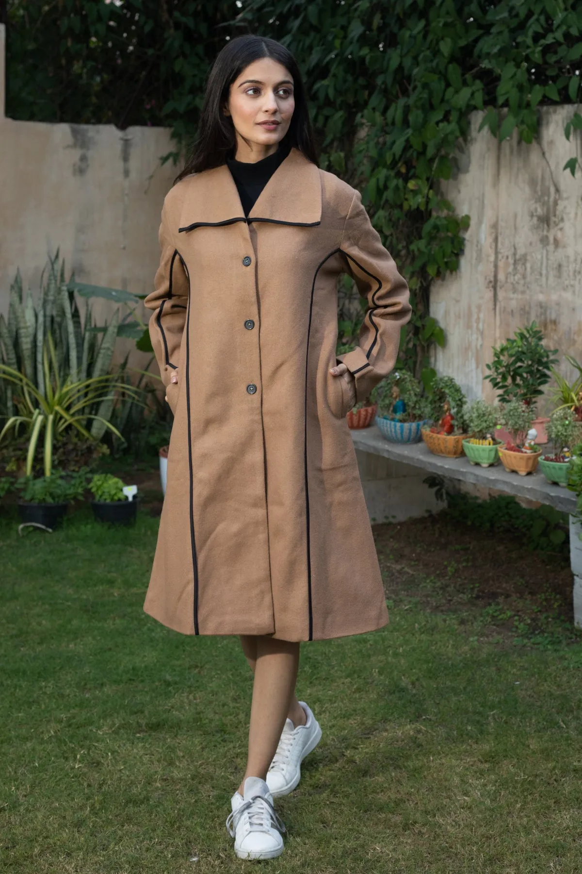 Marilyn Camel Long Wool Coat with Contrast Piping for winter