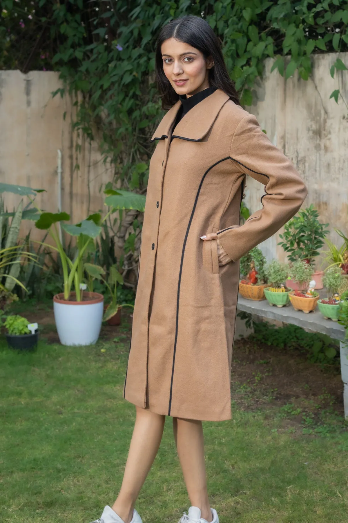 Marilyn Camel Long Wool Coat with Contrast Piping for winter