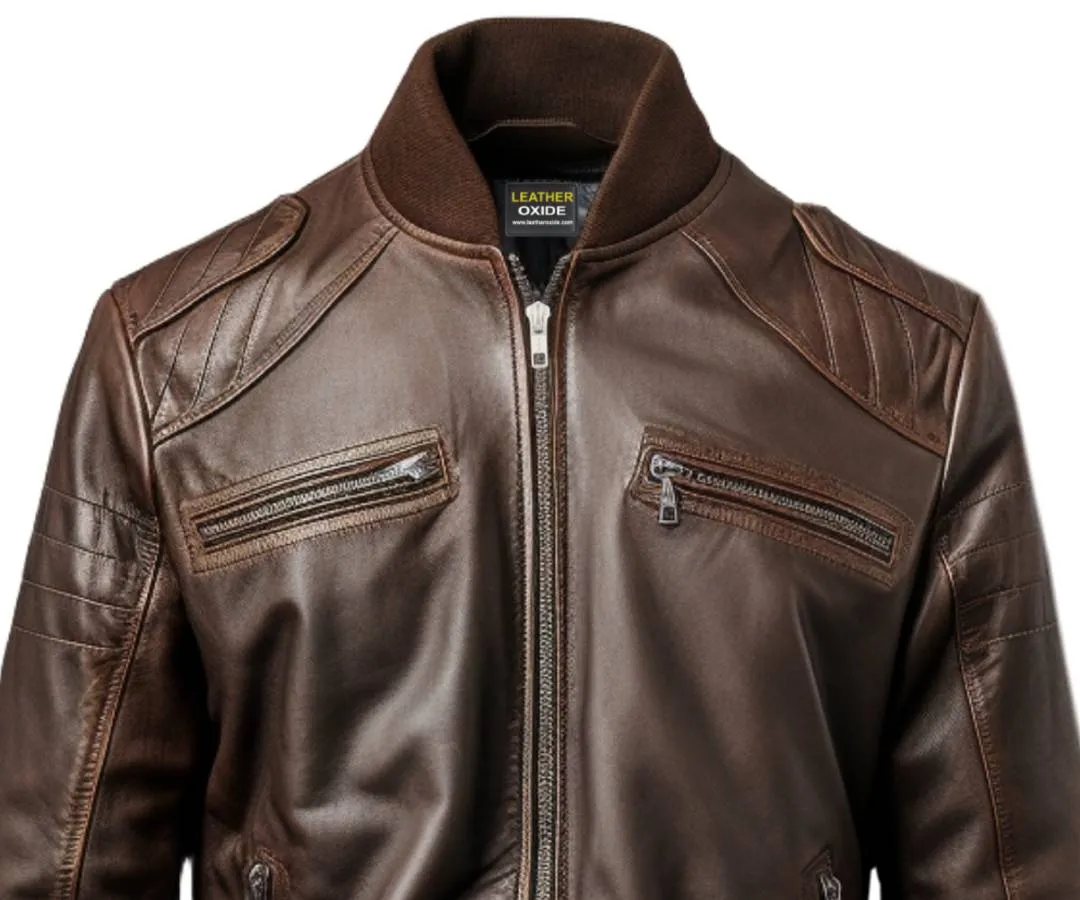 Men Dark Brown Leather Bomber Jacket - Brown Bomber Leather Jacket