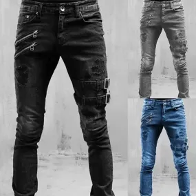 Men Jeans Drawstring High Waist Desighner Jean Pants Autumn Mens Clothing Biker Straight Denim Washed Hole Pant Trousers Black