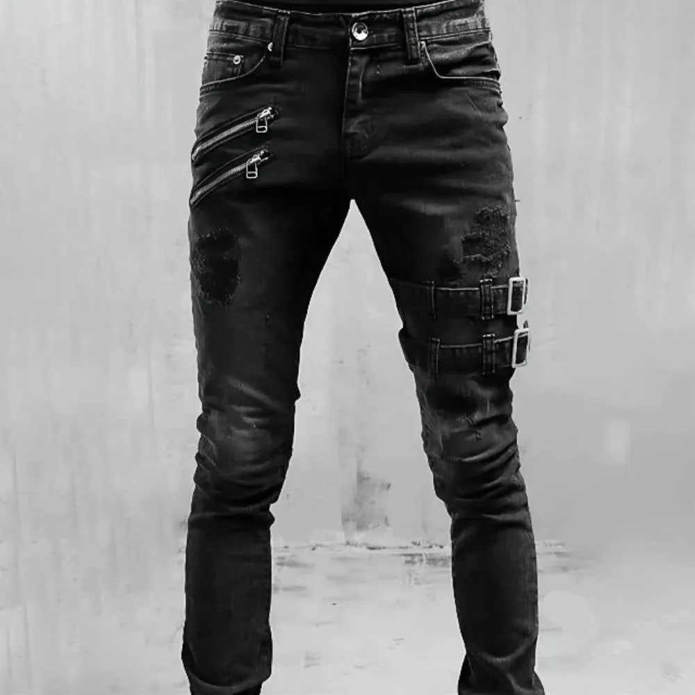 Men Jeans Drawstring High Waist Desighner Jean Pants Autumn Mens Clothing Biker Straight Denim Washed Hole Pant Trousers Black