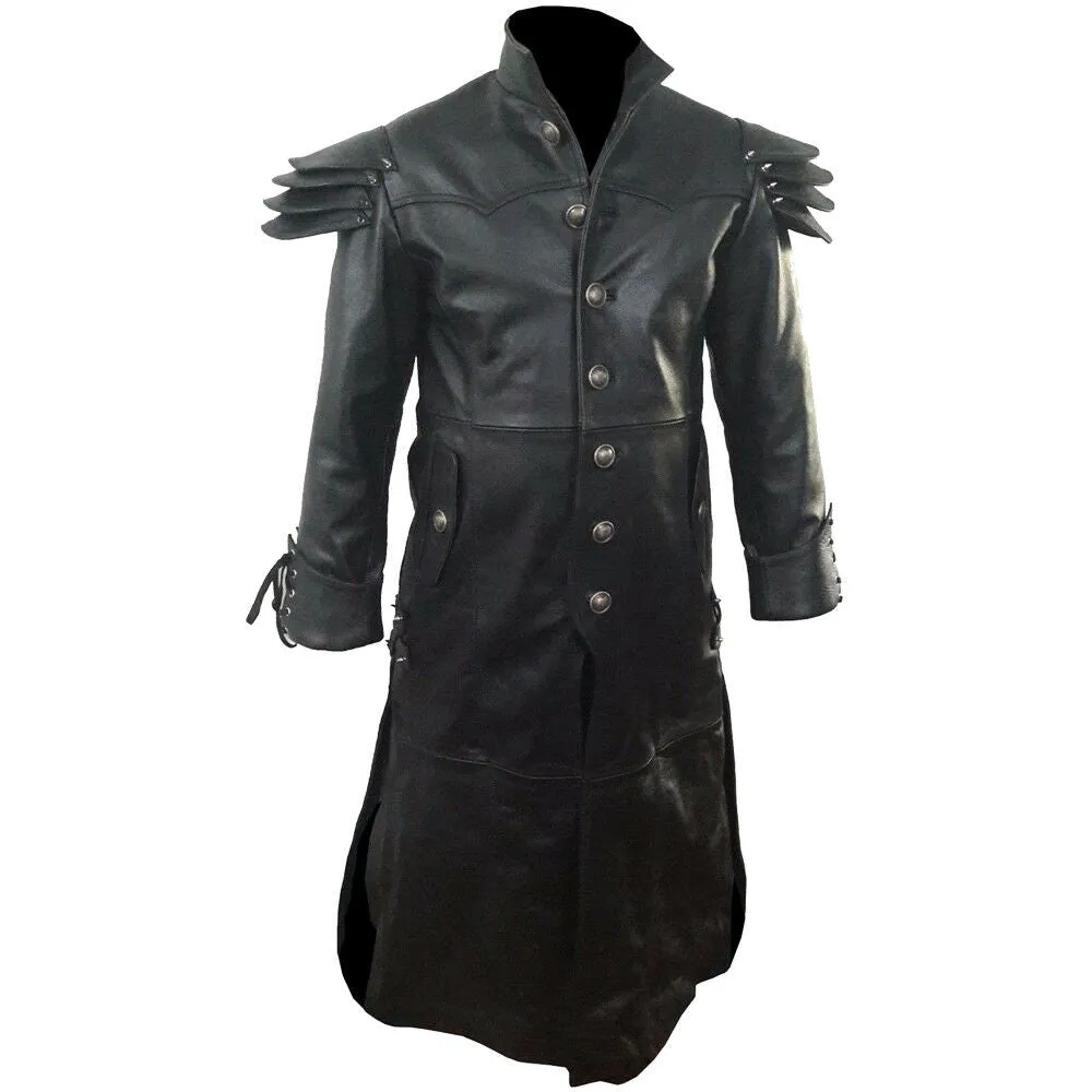 Men's Black Genuine Leather Trench Coat Matrix Steampunk Gothic