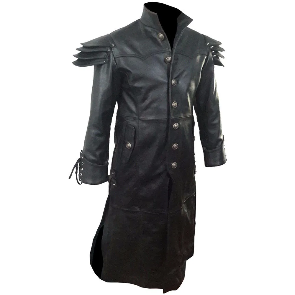 Men's Black Genuine Leather Trench Coat Matrix Steampunk Gothic