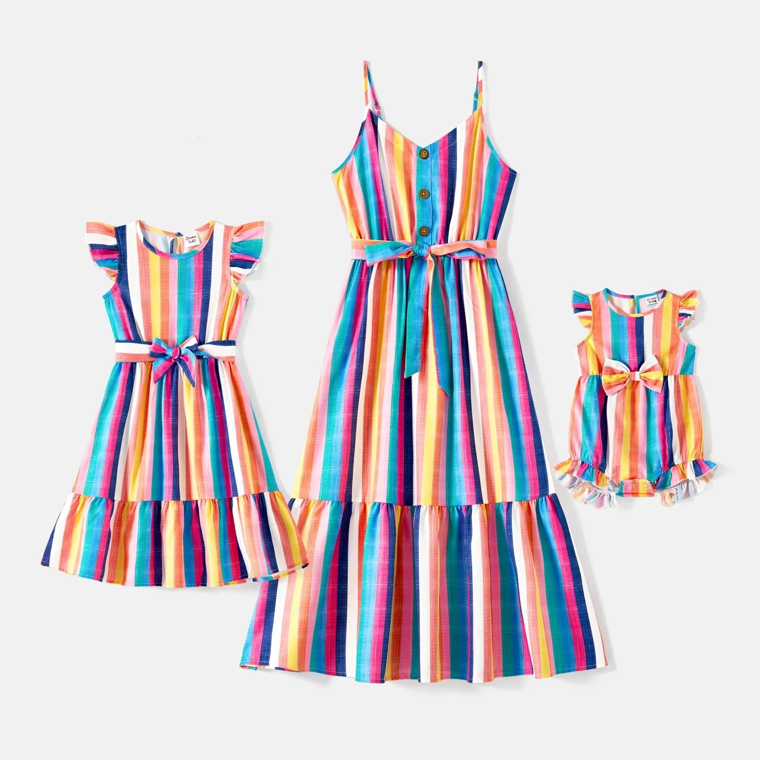 Mommy and Me Dresses Sleeveless Colorful Striped Belted Dresses