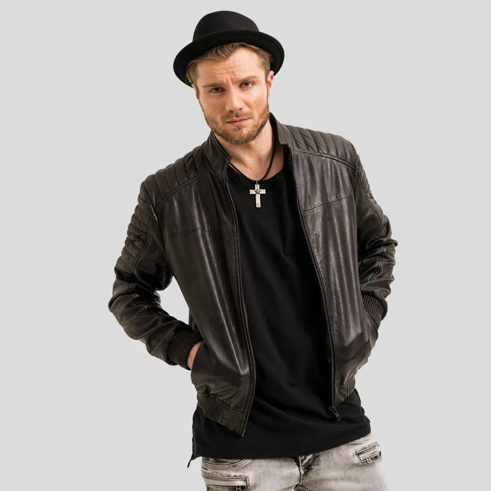 Mosh Black Bomber Leather Jacket for Men