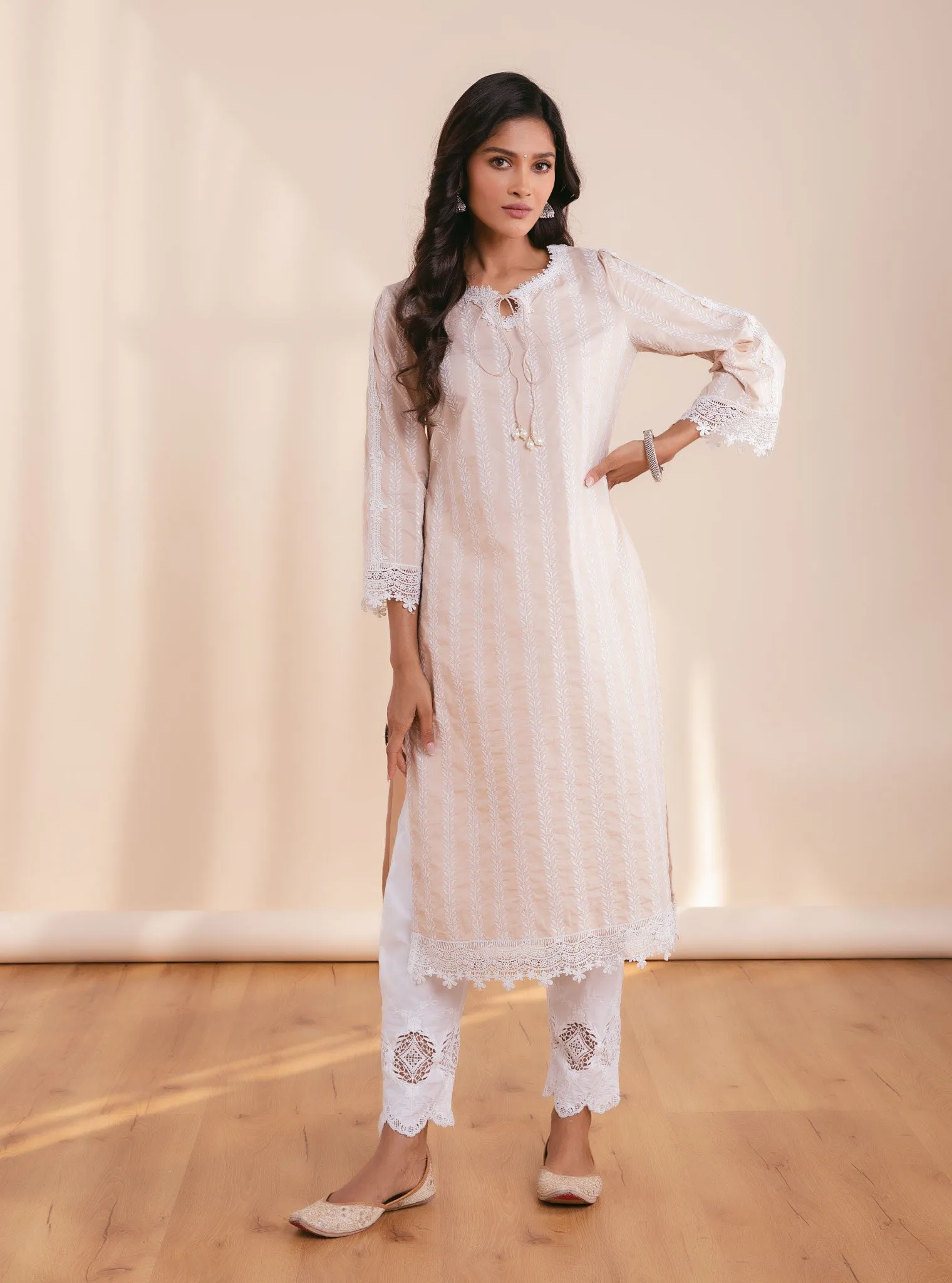 Mulmul Cotton Nina Beige Kurta With Applique Embroidered Pant