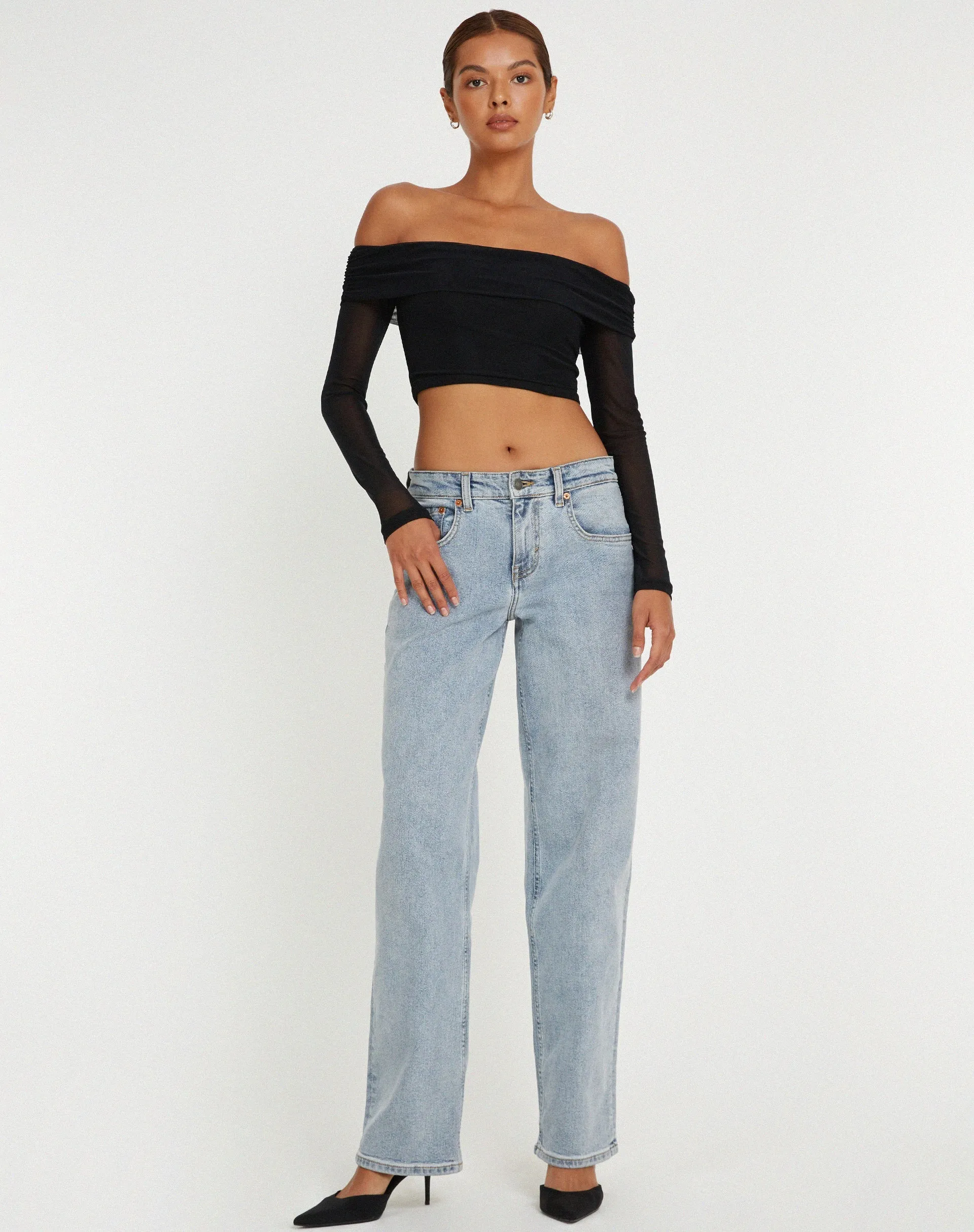 Nagini Long Sleeve Bardot Crop Top in Black