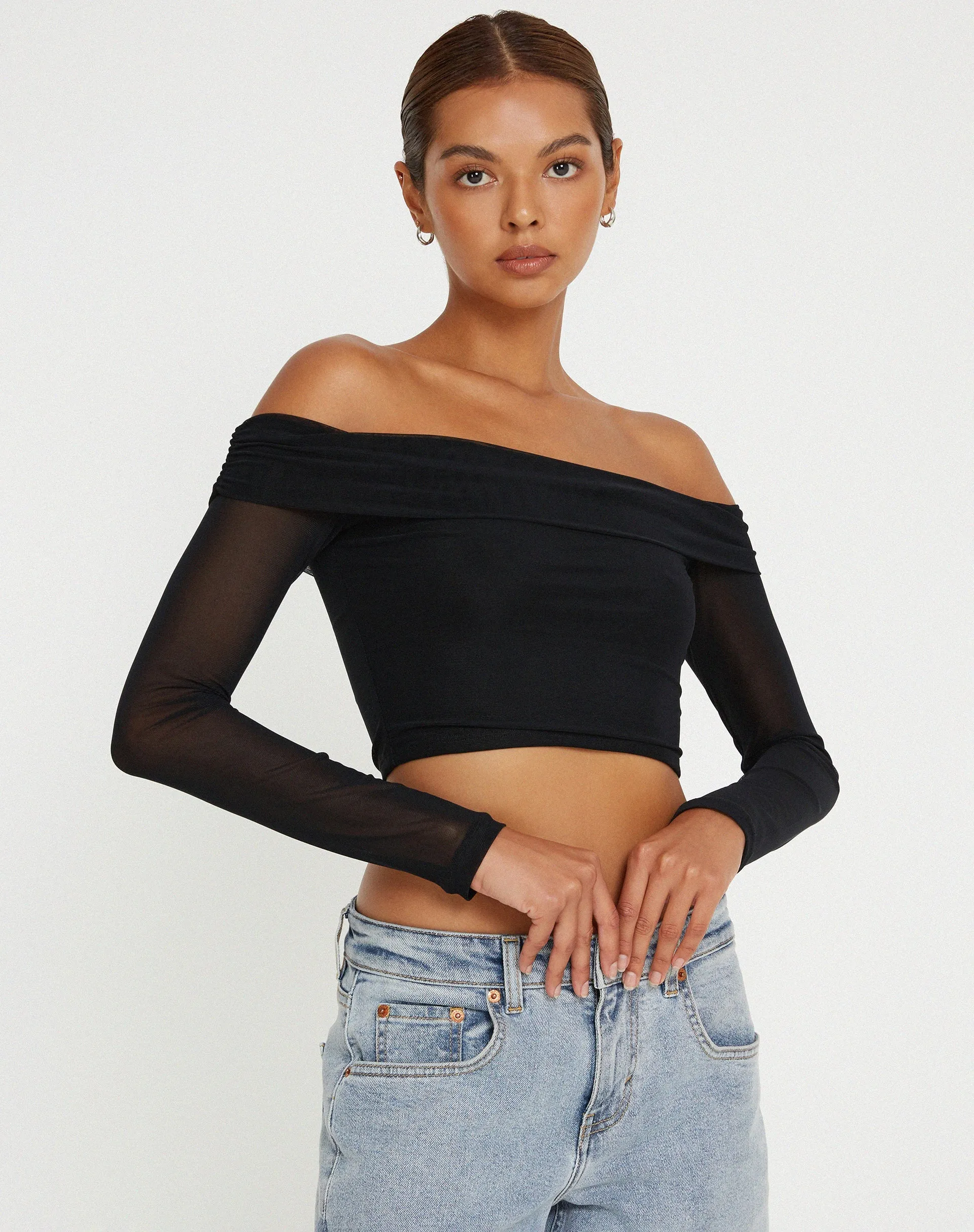 Nagini Long Sleeve Bardot Crop Top in Black