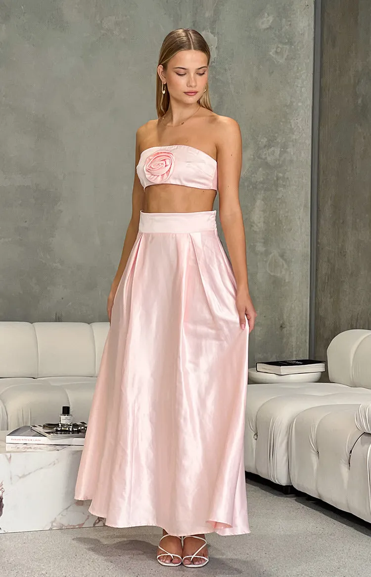 Nakiyah Pink Satin High Waisted Maxi Skirt