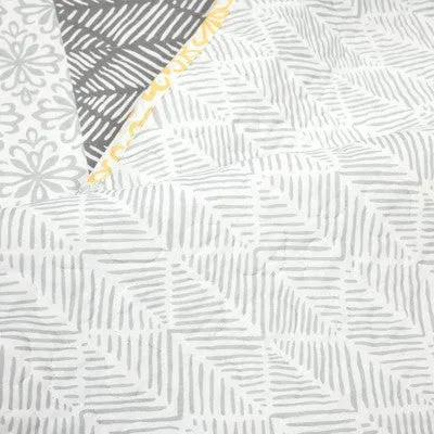 New - 3pc Full/Queen Bohemian Stripe Reversible Oversized Cotton Quilt Bedding Set Yellow/Gray - Lush Décor