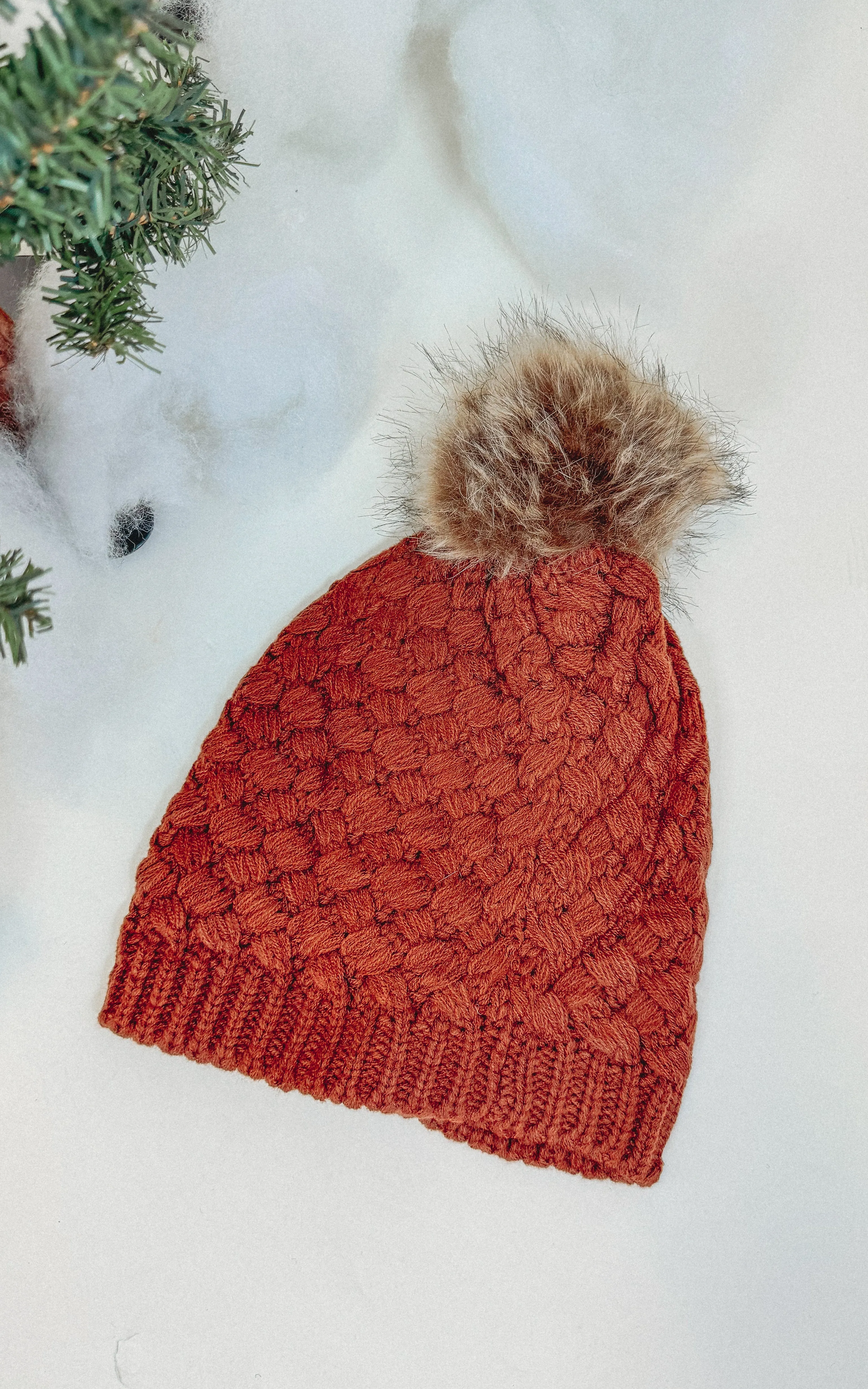 Overlap Knitted Faux Fur Pom Pom Beanie