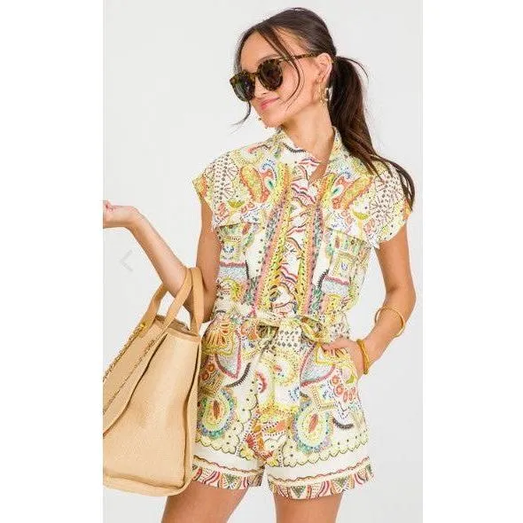 Paisley Print Linen Romper