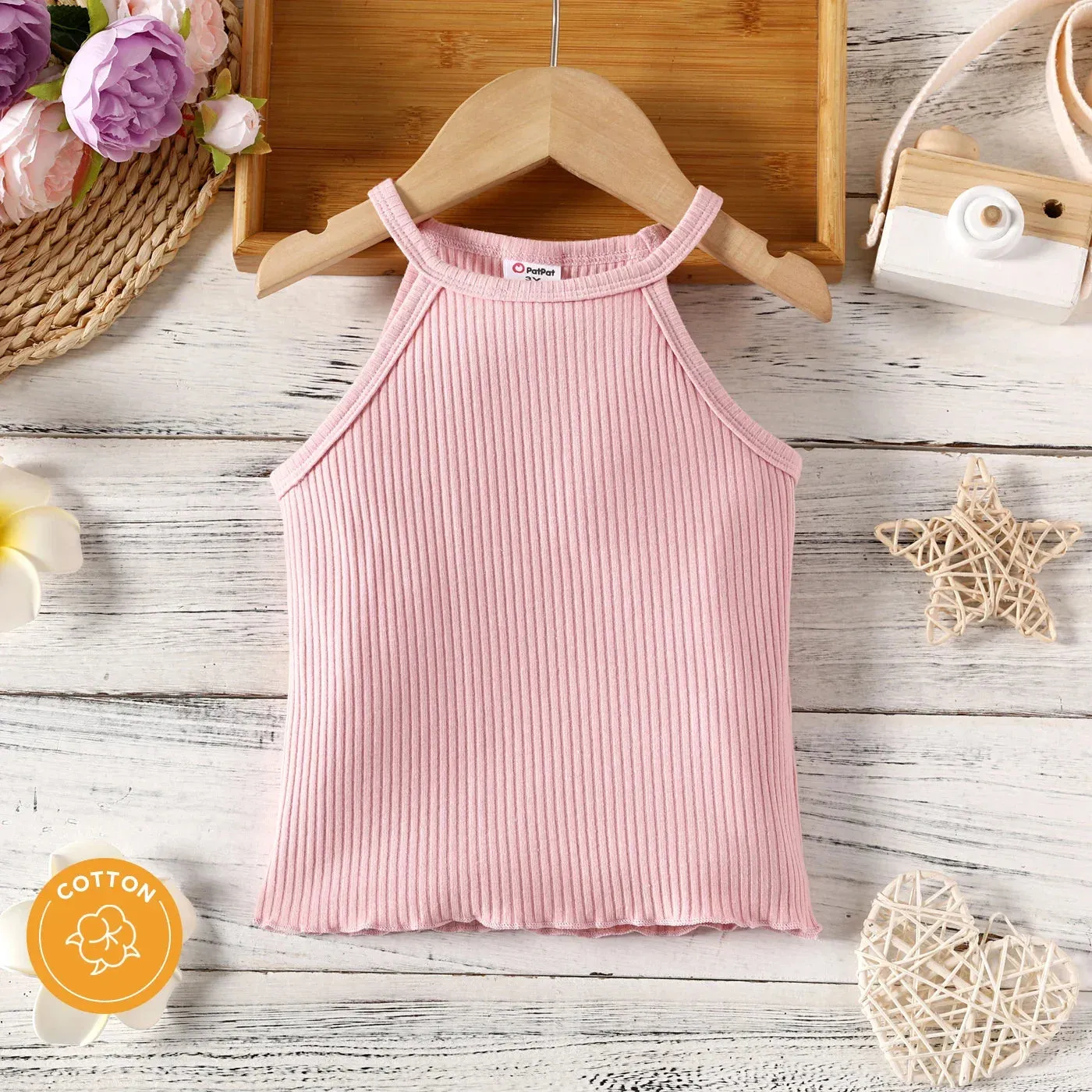 PatPat Toddler Girl Solid Ribbed Halter Tank Top Suitable for Summer Season Soft and Comfortable  Perfect for Outings