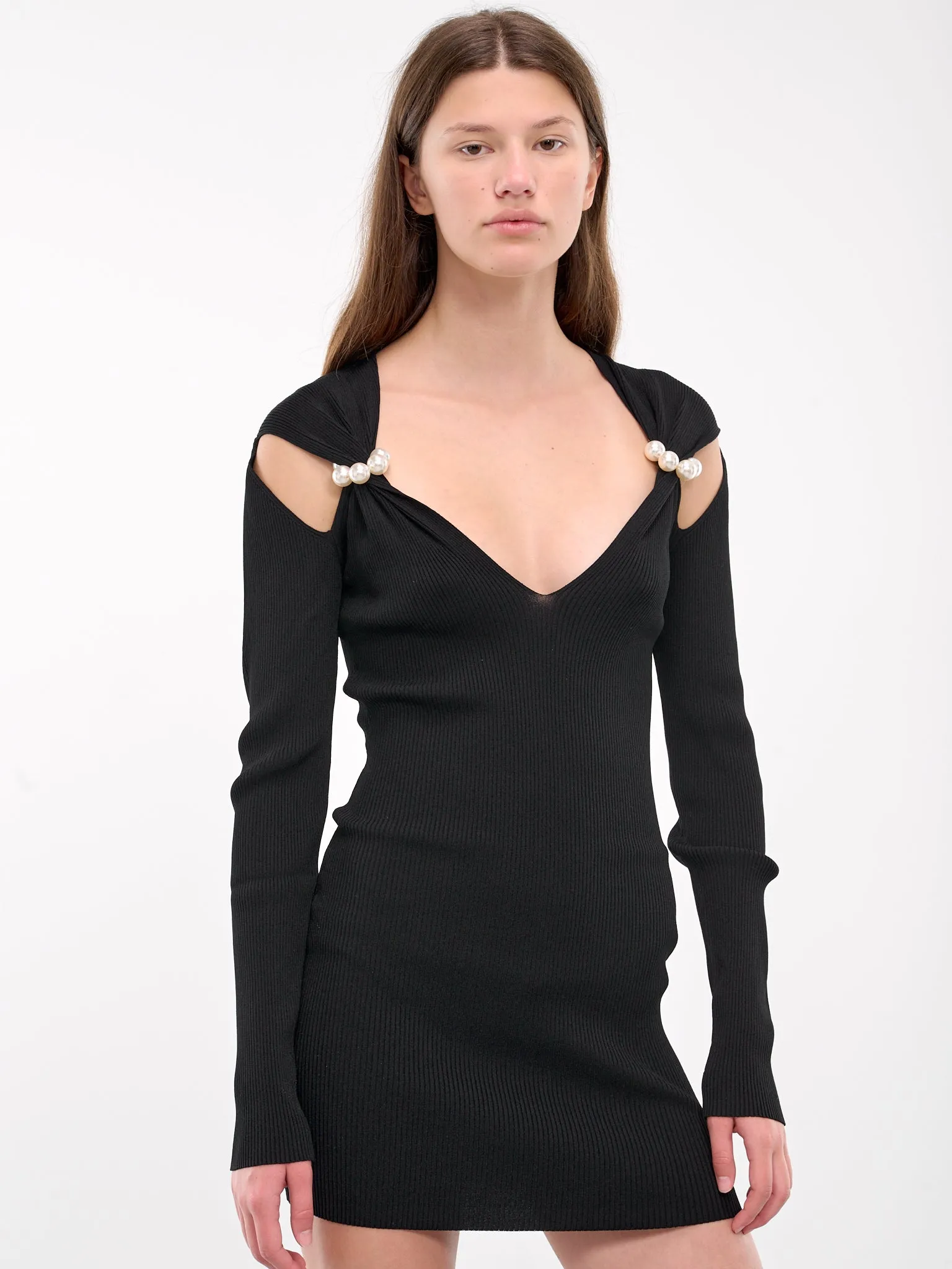 Pearl Shoulders Ribbed Mini Dress (A0489-8701-BLACK)