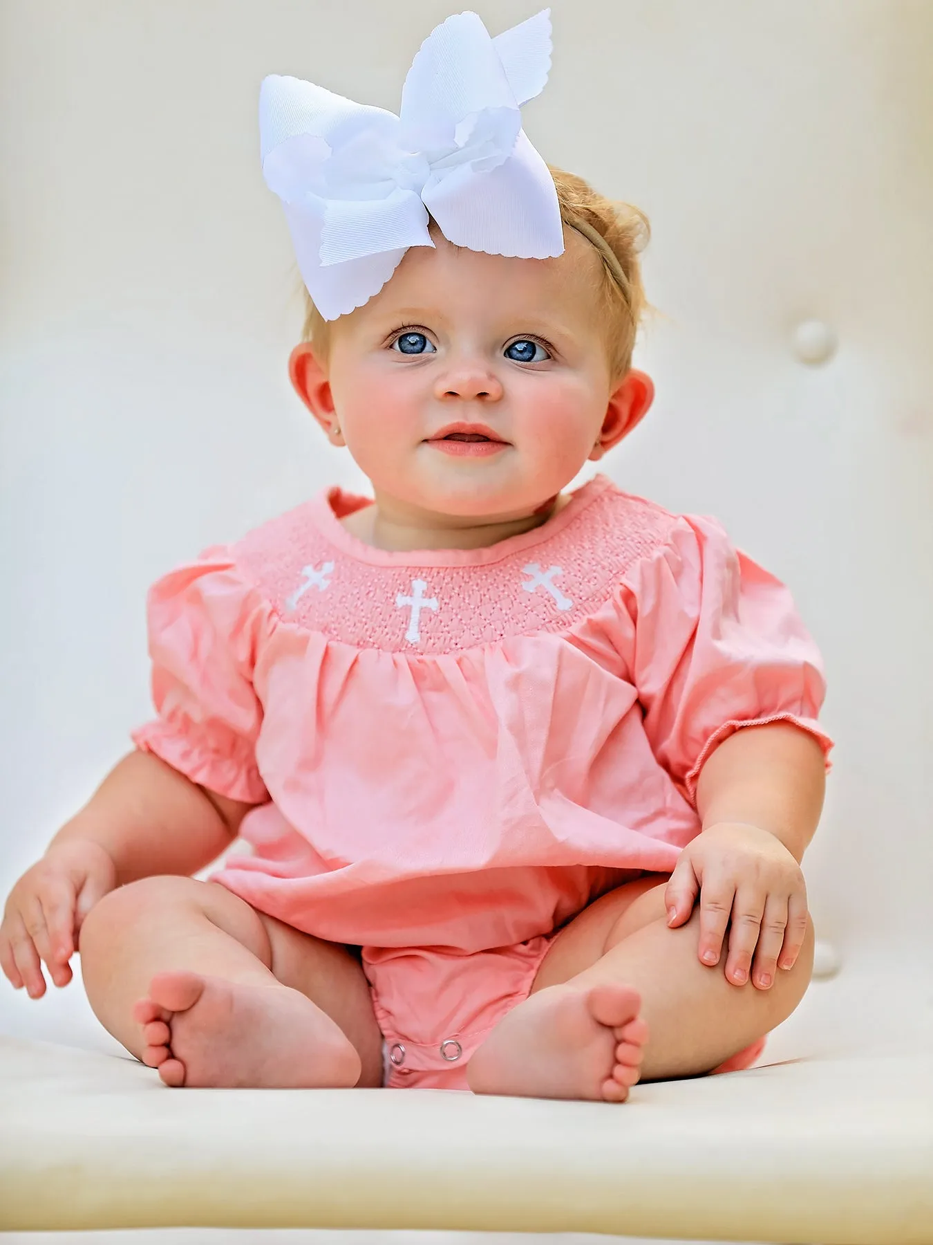 Pink Smocking Embroidered Crucifix Girls Romper