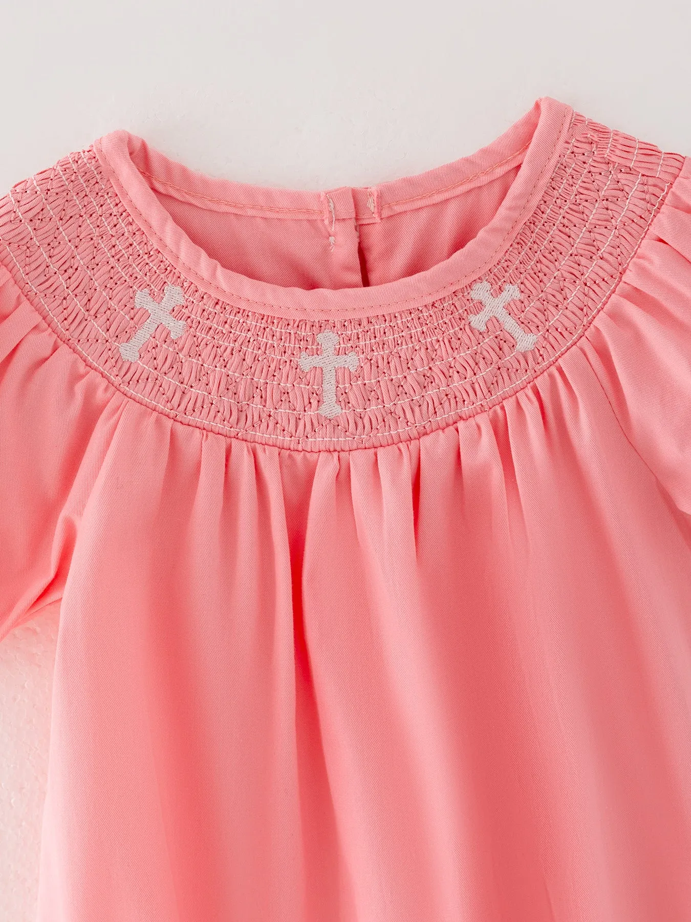 Pink Smocking Embroidered Crucifix Girls Romper