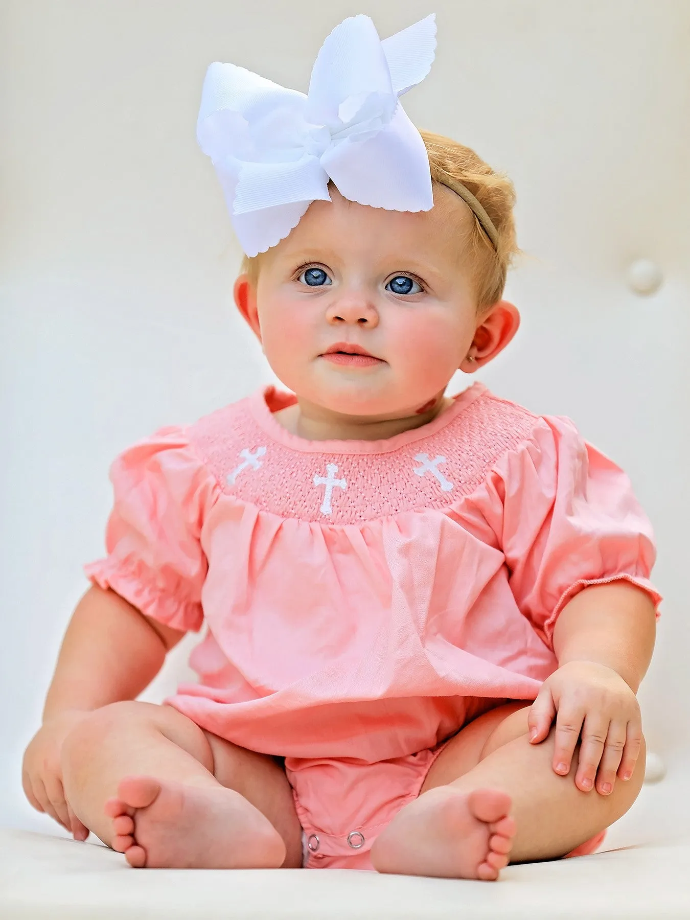 Pink Smocking Embroidered Crucifix Girls Romper