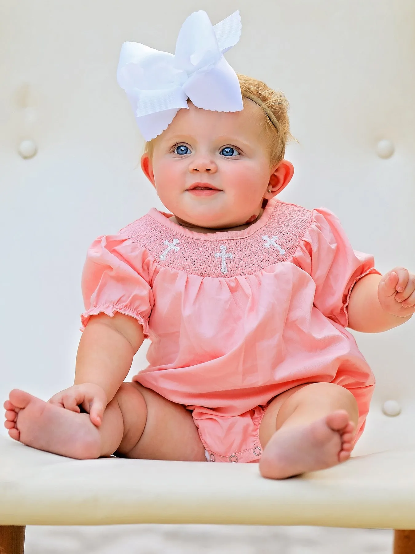 Pink Smocking Embroidered Crucifix Girls Romper