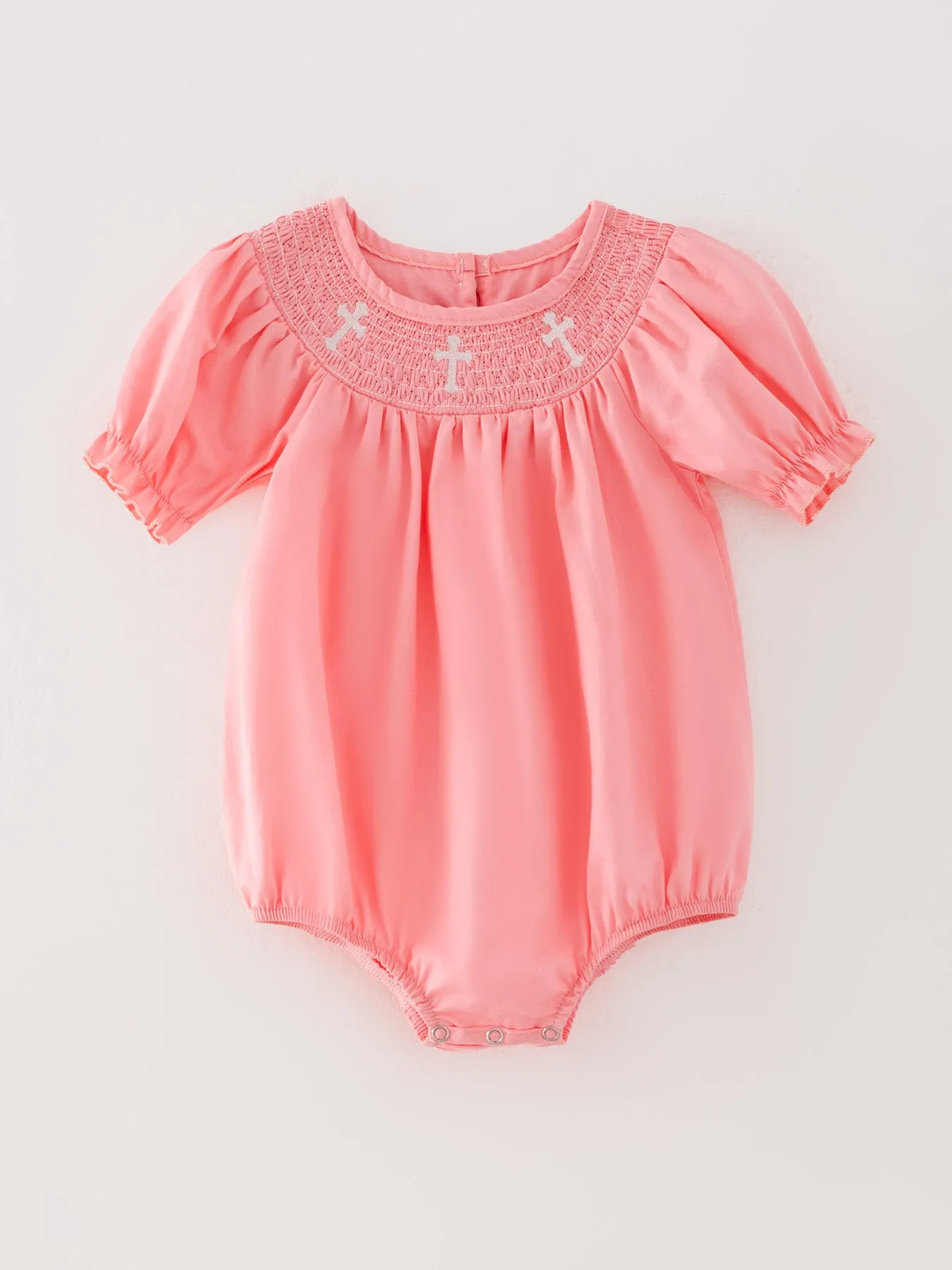 Pink Smocking Embroidered Crucifix Girls Romper