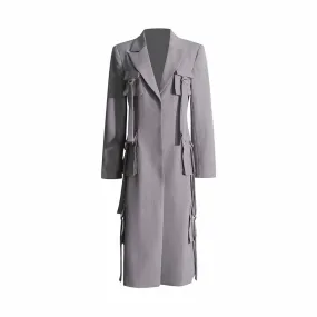 Pockets Grey Long Sleeves Embellished Coat Long Outwear Jacket