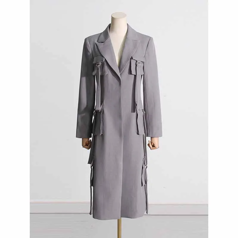 Pockets Grey Long Sleeves Embellished Coat Long Outwear Jacket