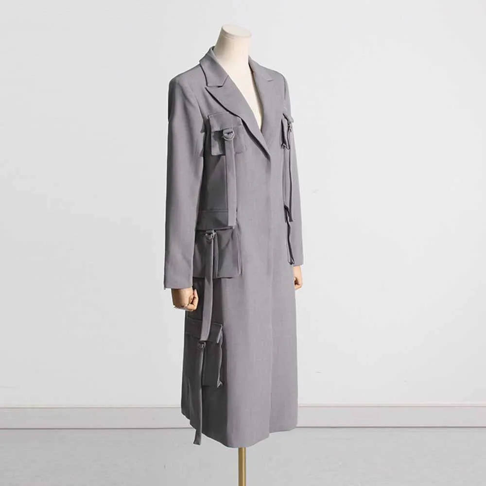 Pockets Grey Long Sleeves Embellished Coat Long Outwear Jacket