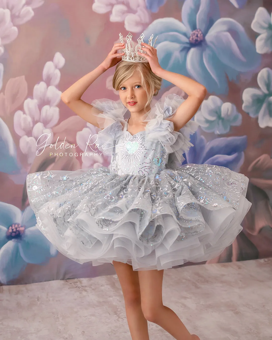 RETRIED RENTAL EUC Twinkle Toes- Silver Dreams- Petal Length Gown ( 5 Year - Petite 7 Year)